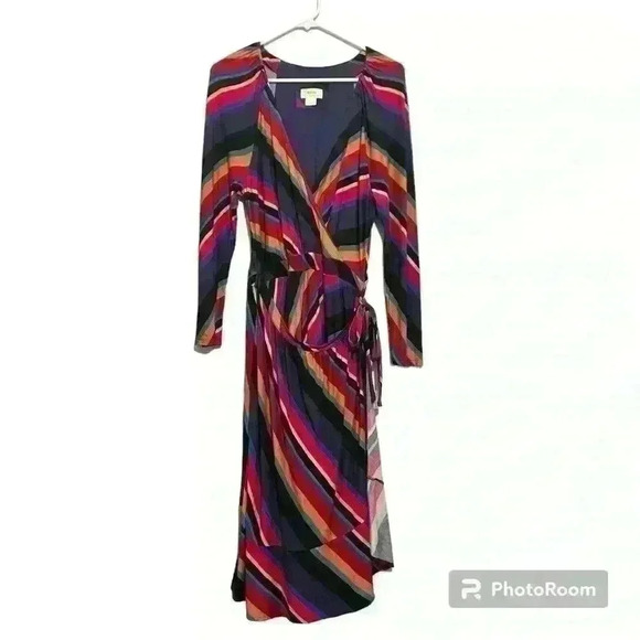 Maeve Anthropologie Angelique Striped Long Sleeve Midi Wrap Dress. Size Large - Picture 3 of 9